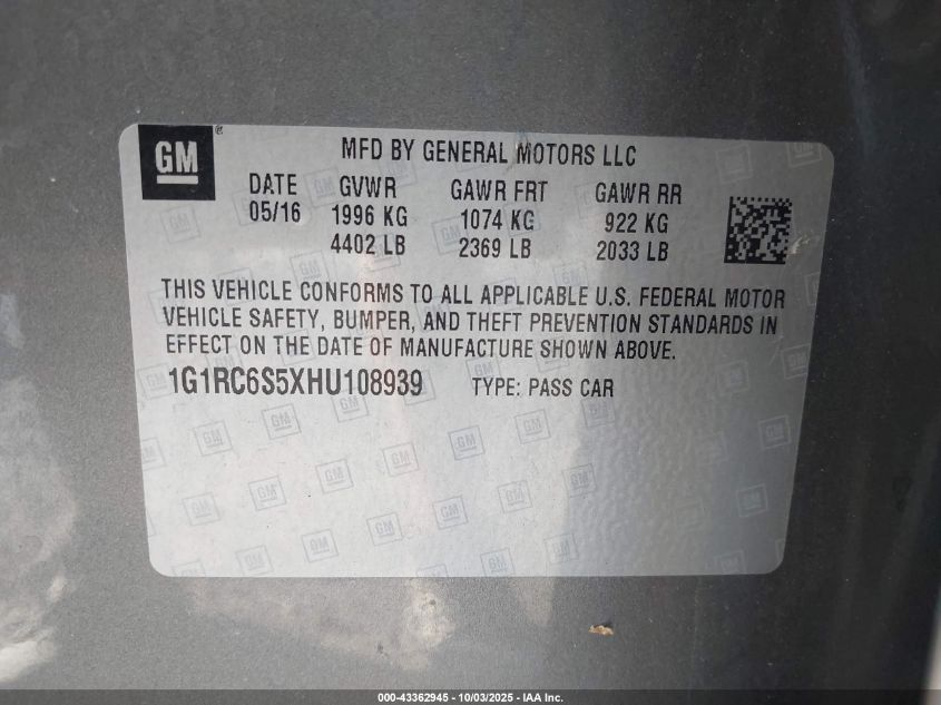 2017 Chevrolet Volt Lt VIN: 1G1RC6S5XHU108939 Lot: 43362945