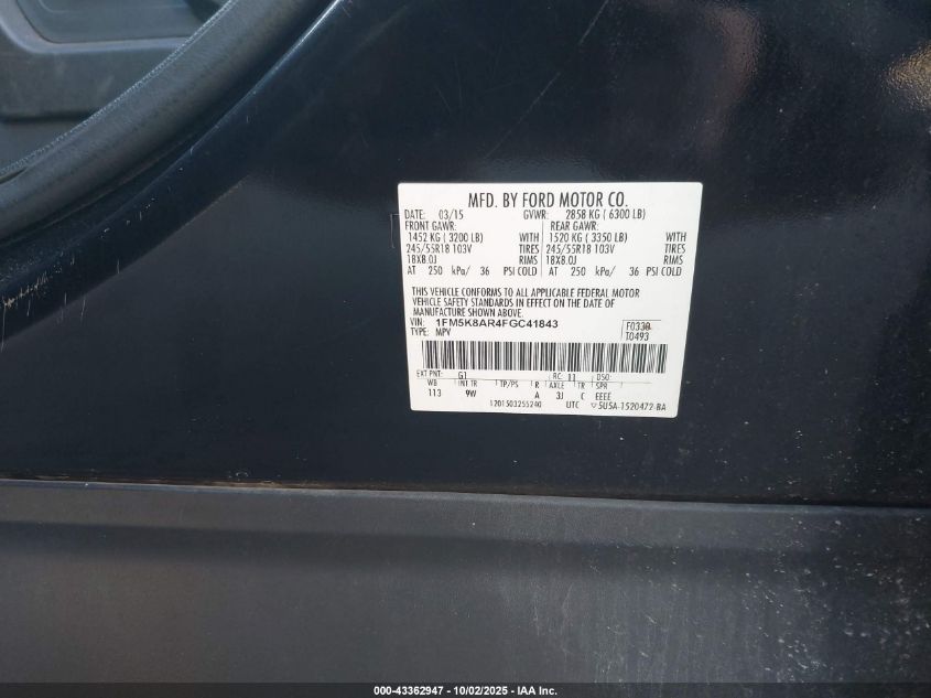 2015 Ford Police Interceptor VIN: 1FM5K8AR4FGC41843 Lot: 43362947