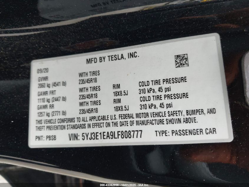 2020 Tesla Model 3 Standard Range Plus Rear-Wheel Drive/Standard Range Rear-Wheel Drive VIN: 5YJ3E1EA9LF808777 Lot: 43362956