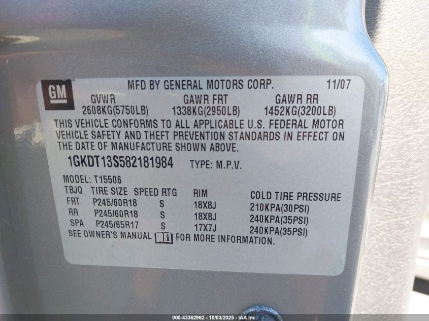 2008 GMC Envoy Slt VIN: 1GKDT13S582181984 Lot: 43362962