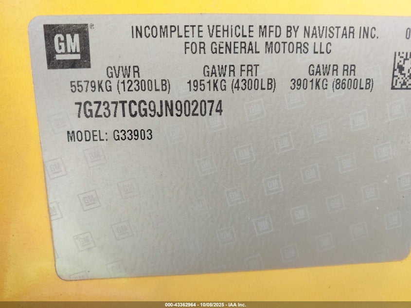 2018 GMC Savana Cutaway Work Van VIN: 7GZ37TCG9JN902074 Lot: 43362964