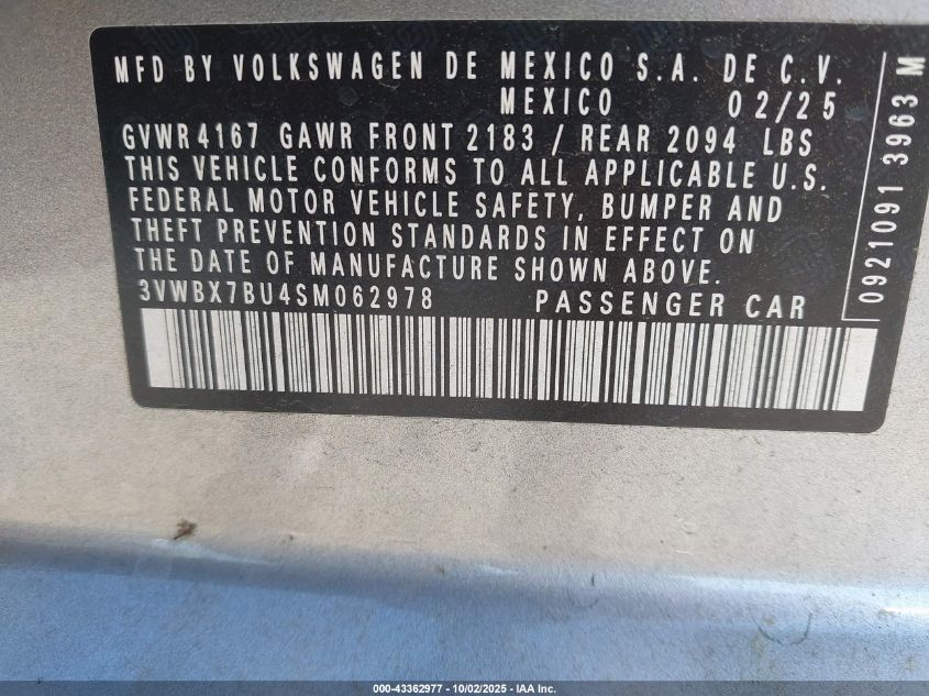 2025 Volkswagen Jetta 1.5T Sport VIN: 3VWBX7BU4SM062978 Lot: 43362977