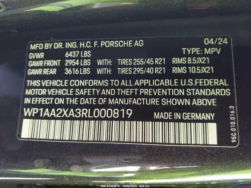 2024 Porsche Macan Electric 4 VIN: WP1AA2XA3RL000819 Lot: 43362979
