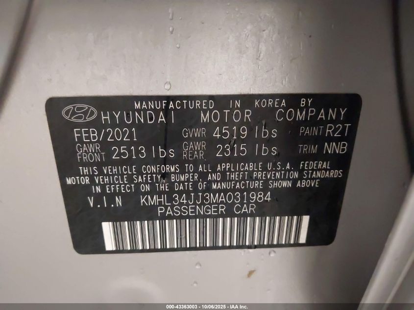 2021 Hyundai Sonata Sel VIN: KMHL34JJ3MA031984 Lot: 43363003