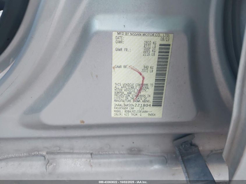 2014 Nissan Altima 2.5 S VIN: 1N4AL3AP2EN221804 Lot: 43363022