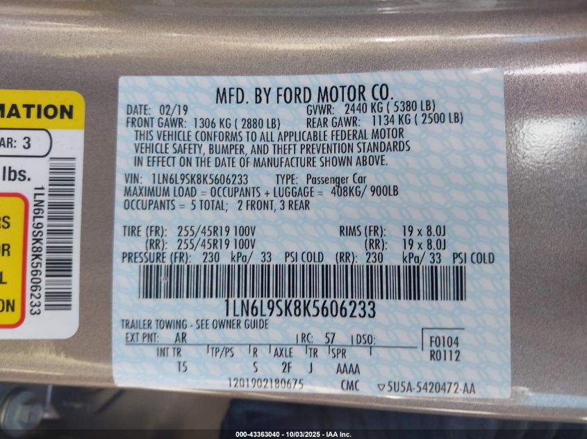 2019 Lincoln Continental Select VIN: 1LN6L9SK8K5606233 Lot: 43363040