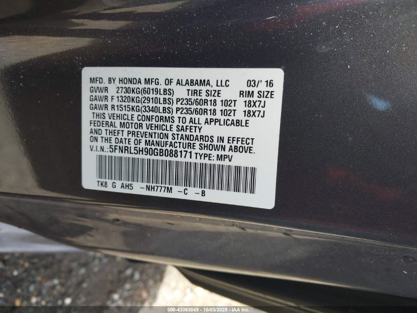 2016 Honda Odyssey Touring/Touring Elite VIN: 5FNRL5H90GB088171 Lot: 43363049