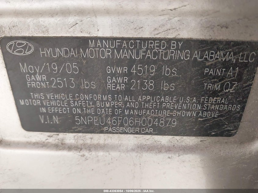 2006 Hyundai Sonata Gls V6/Lx V6 VIN: 5NPEU46F06H004879 Lot: 43363054