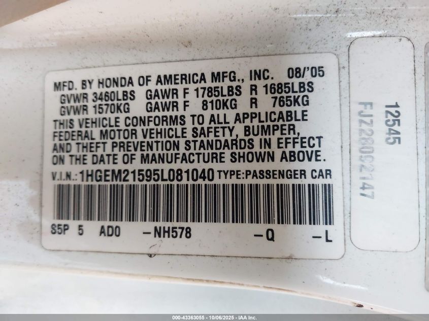 2005 Honda Civic Lx VIN: 1HGEM21595L081040 Lot: 43363055