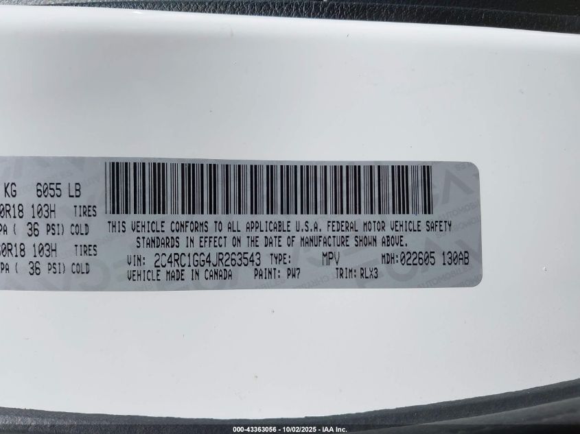 2018 Chrysler Pacifica Limited VIN: 2C4RC1GG4JR263543 Lot: 43363056