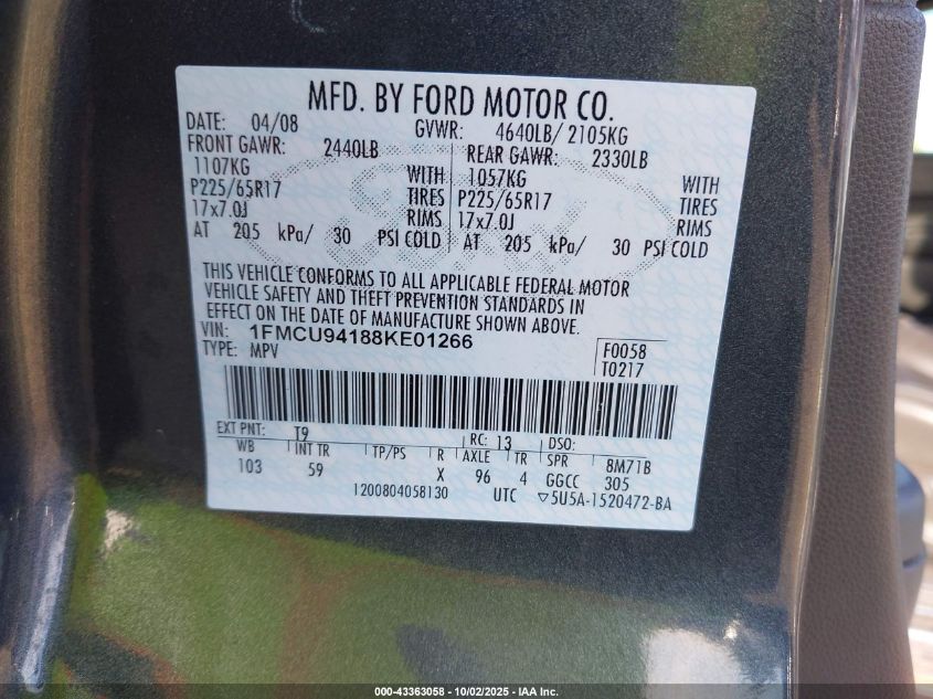 2008 Ford Escape Limited VIN: 1FMCU94188KE01266 Lot: 43363058