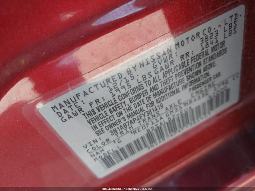 2015 Nissan Sentra Sv VIN: 3N1AB7AP4FY381419 Lot: 43363064