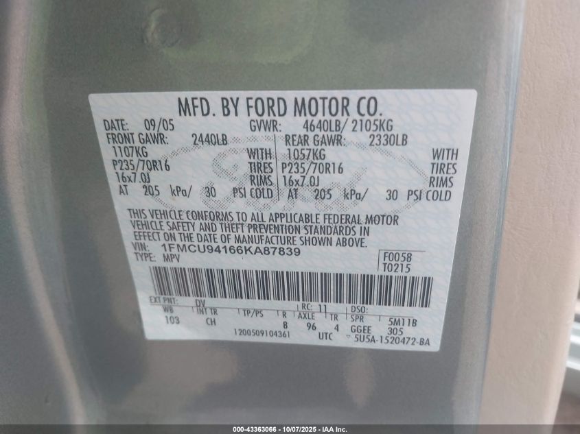 2006 Ford Escape Limited VIN: 1FMCU94166KA87839 Lot: 43363066