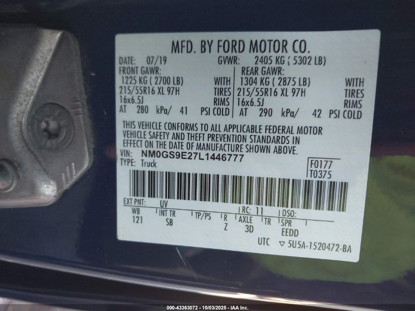 2020 Ford Transit Connect Xl Passenger VIN: NM0GS9E27L1446777 Lot: 43363072