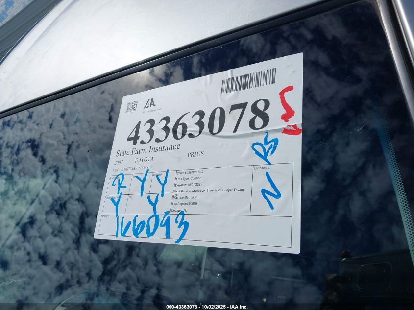 2007 Toyota Prius VIN: JTDKB20U677659879 Lot: 43363078