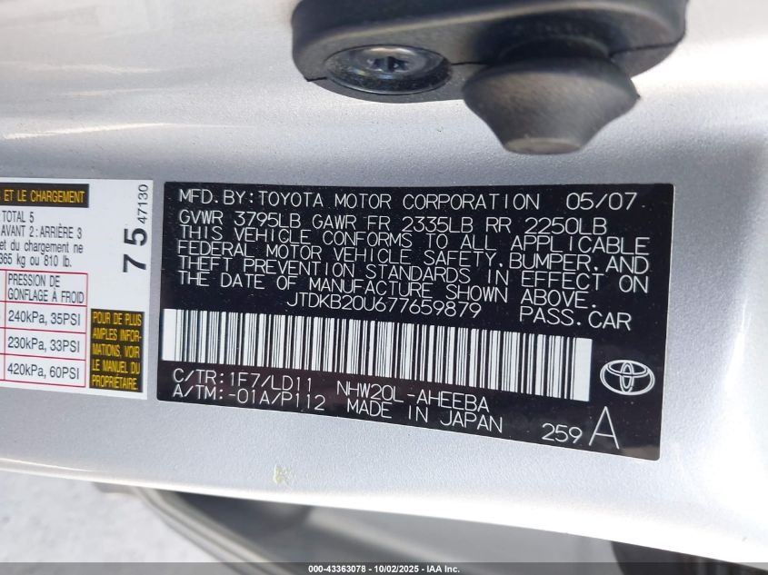 2007 Toyota Prius VIN: JTDKB20U677659879 Lot: 43363078