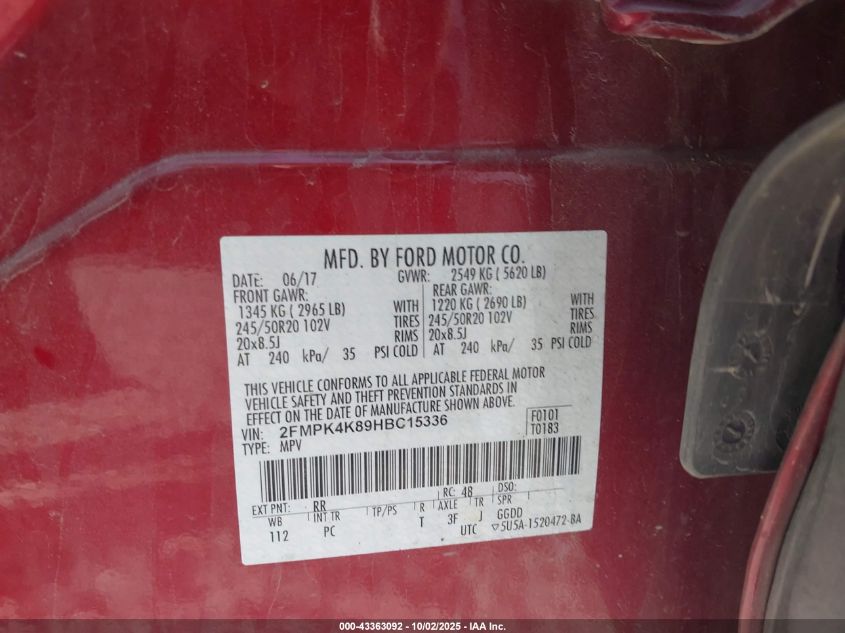 2017 Ford Edge Titanium VIN: 2FMPK4K89HBC15336 Lot: 43363092