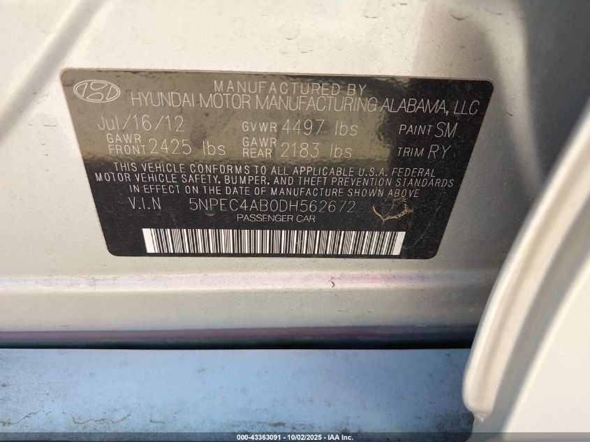 2013 Hyundai Sonata Limited 2.0T VIN: 5NPEC4AB0DH562672 Lot: 43363091