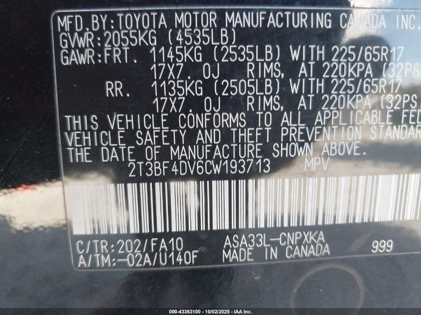 2012 Toyota Rav4 VIN: 2T3BF4DV6CW193713 Lot: 43363100