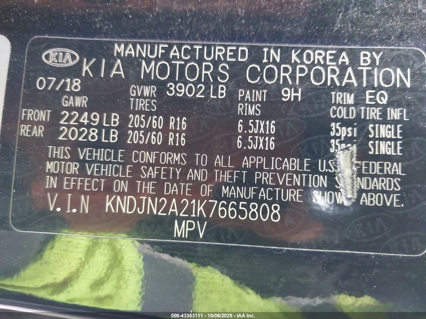 2019 Kia Soul VIN: KNDJN2A21K7665808 Lot: 43363111