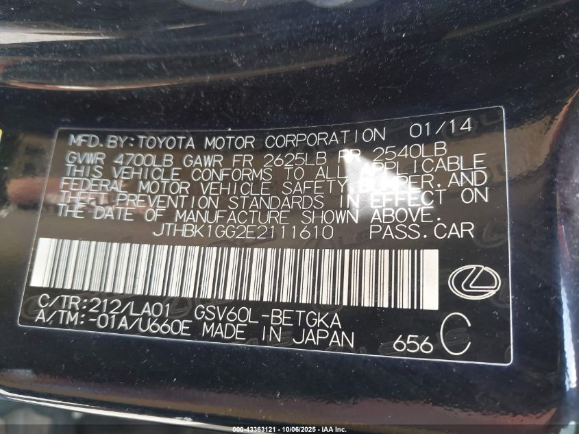 2014 Lexus Es 350 VIN: JTHBK1GG2E2111610 Lot: 43363121