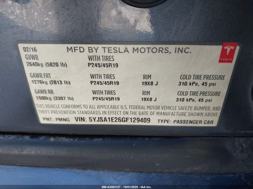 2016 Tesla Model S 60D/70D/75D/85D/90D VIN: 5YJSA1E26GF129409 Lot: 43363127