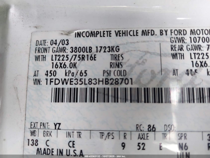 2003 Ford E-350 Cutaway Standard VIN: 1FDWE35L83HB28701 Lot: 43363132