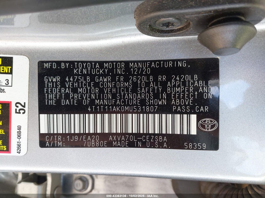 2021 TOYOTA CAMRY SE - 4T1T11AK0MU531807