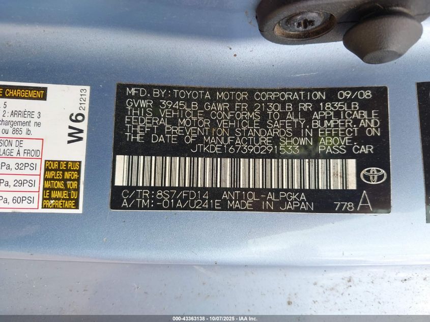 2009 Scion Tc VIN: JTKDE167390291533 Lot: 43363138