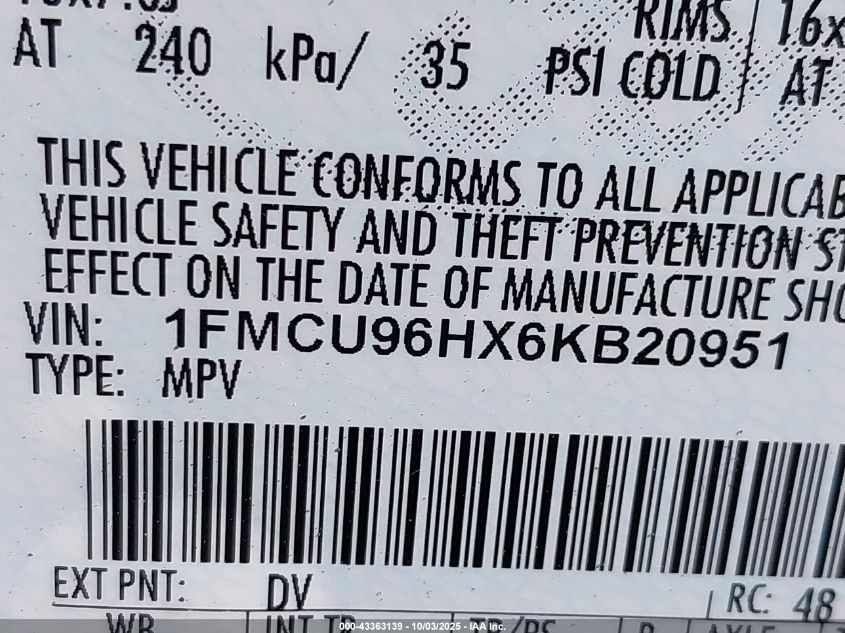 2006 Ford Escape Hybrid VIN: 1FMCU96HX6KB20951 Lot: 43363139
