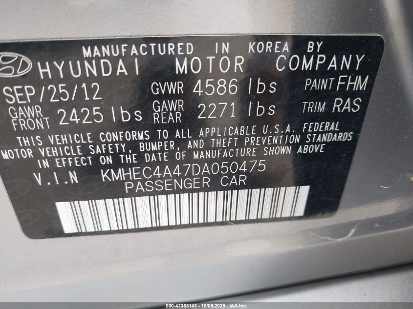 2013 Hyundai Sonata Hybrid Limited W/Panoramic Sunroof Pkg VIN: KMHEC4A47DA050475 Lot: 43363143
