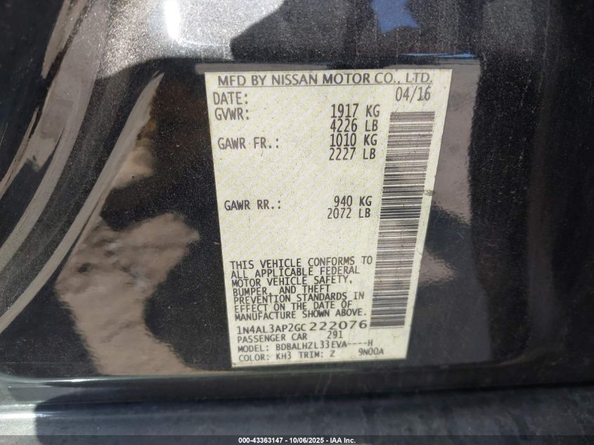 2016 Nissan Altima 2.5 Sr VIN: 1N4AL3AP2GC222076 Lot: 43363147