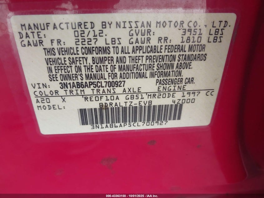 2012 Nissan Sentra 2.0 Sr VIN: 3N1AB6AP5CL700927 Lot: 43363158