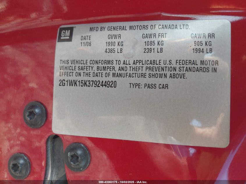 2007 Chevrolet Monte Carlo Lt VIN: 2G1WK15K379244920 Lot: 43363175