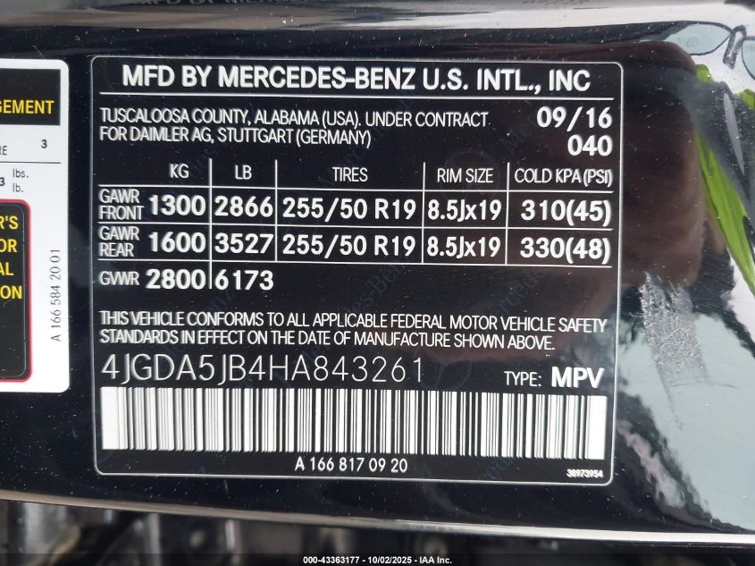 2017 Mercedes-Benz Gle 350 VIN: 4JGDA5JB4HA843261 Lot: 43363177