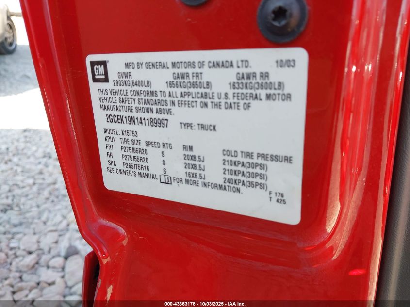 2004 Chevrolet Silverado 1500 Ss VIN: 2GCEK19N141189997 Lot: 43363178