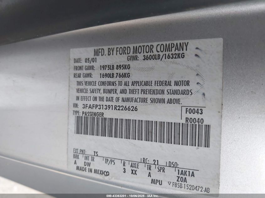 2001 Ford Focus Zx3 VIN: 3FAFP31391R226626 Lot: 43363201