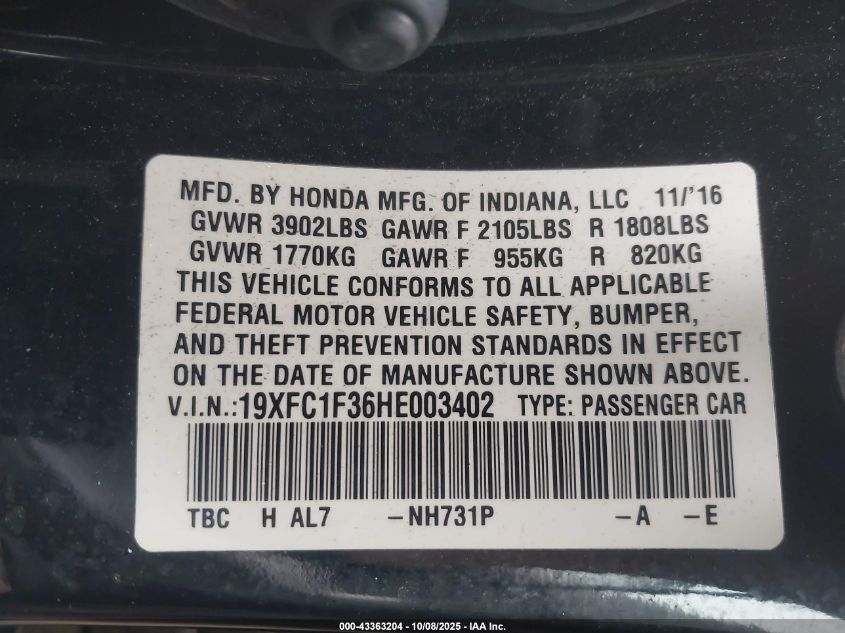 2017 Honda Civic Ex-T VIN: 19XFC1F36HE003402 Lot: 43363204