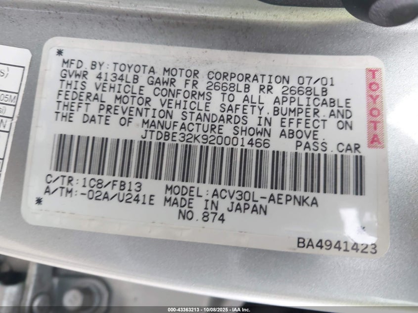 2002 Toyota Camry Le VIN: JTDBE32K920001466 Lot: 43363213