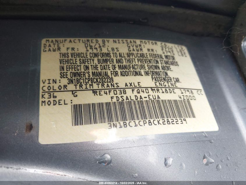 2012 Nissan Versa 1.8 S VIN: 3N1BC1CP8CK282239 Lot: 43363214