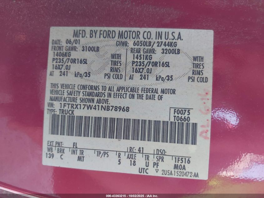 2001 Ford F-150 Lariat/Xl/Xlt VIN: 1FTRX17W41NB78968 Lot: 43363215