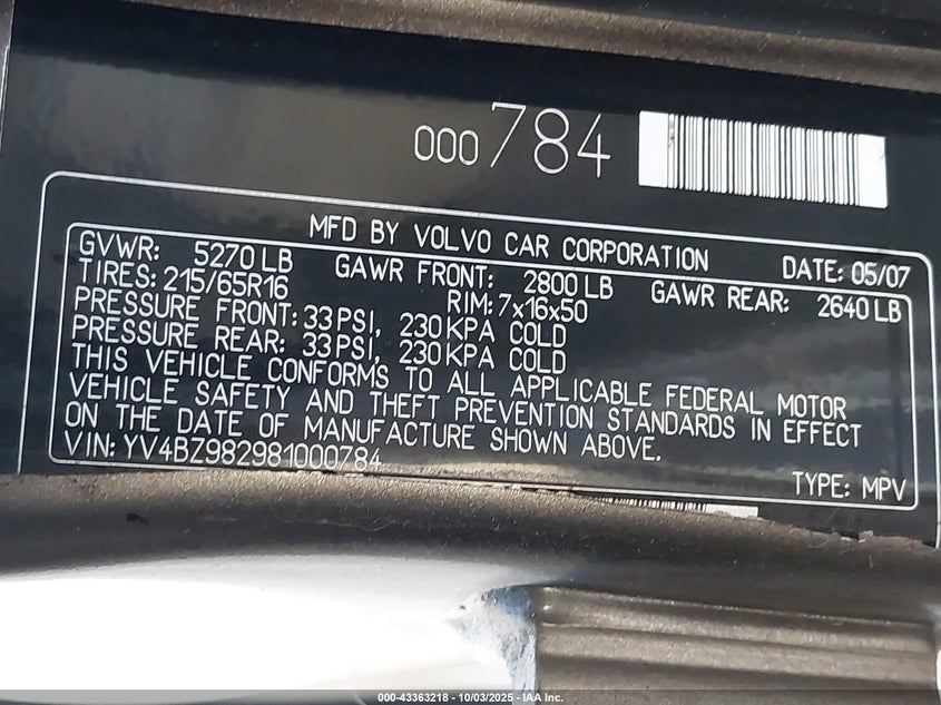 2008 Volvo Xc70 3.2 VIN: YV4BZ982981000784 Lot: 43363218