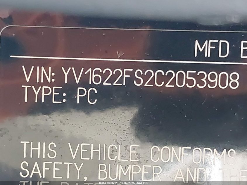 2012 Volvo S60 T5 VIN: YV1622FS2C2053908 Lot: 43363221