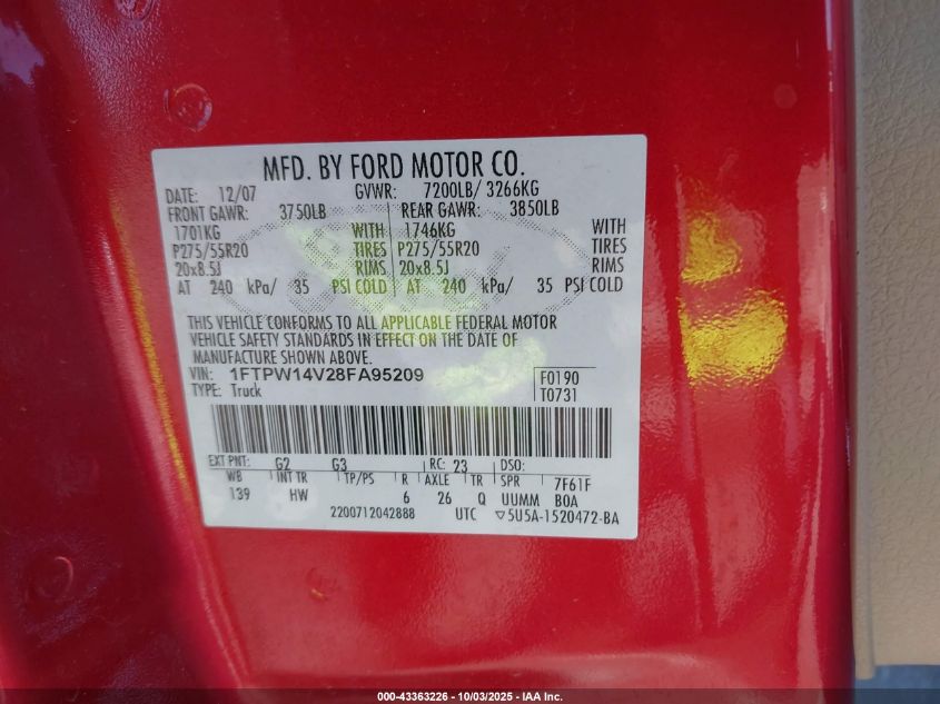 2008 Ford F-150 60Th Anniversary/Fx4/King Ranch/Lariat/Xlt VIN: 1FTPW14V28FA95209 Lot: 43363226
