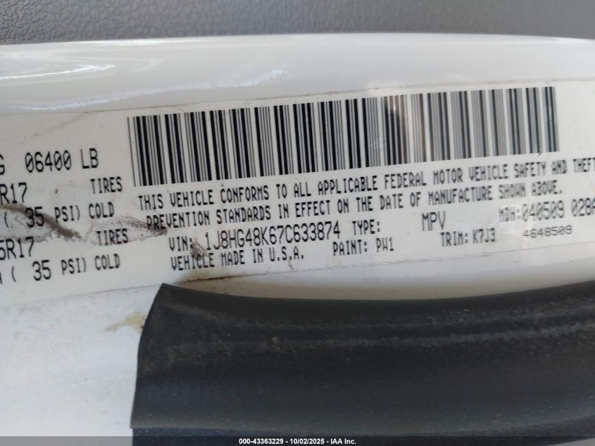 2007 Jeep Commander Sport VIN: 1J8HG48K67C633874 Lot: 43363229