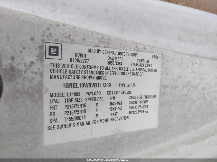 1997 Chevrolet Astro VIN: 1GNEL19W8VB111389 Lot: 43363235