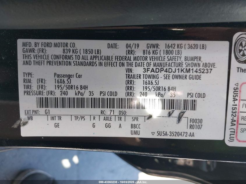 2019 Ford Fiesta St Line VIN: 3FADP4DJ1KM145237 Lot: 43363238