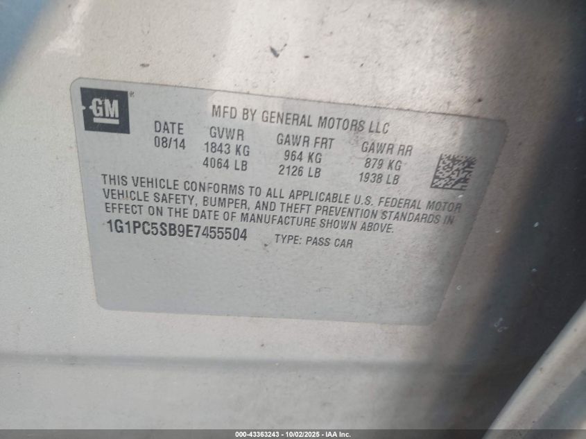 2014 Chevrolet Cruze 1Lt Auto VIN: 1G1PC5SB9E7455504 Lot: 43363243