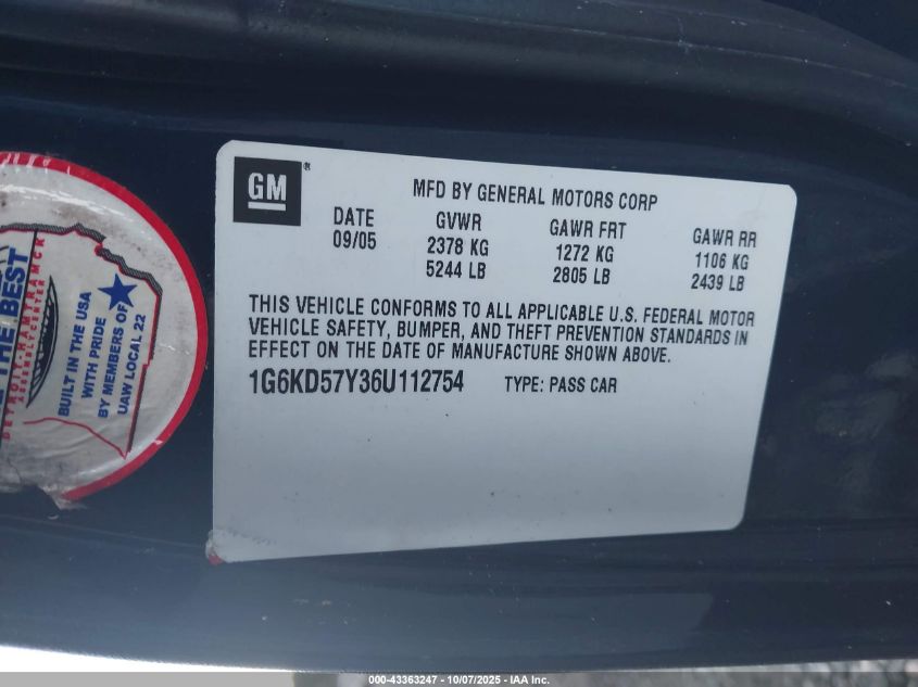 2006 Cadillac Dts Standard VIN: 1G6KD57Y36U112754 Lot: 43363247