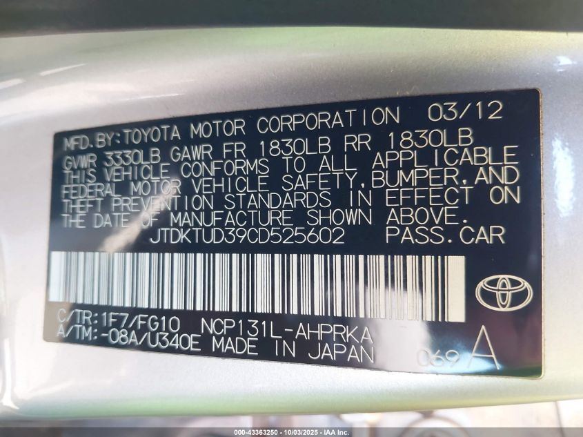 2012 Toyota Yaris Le VIN: JTDKTUD39CD525602 Lot: 43363250